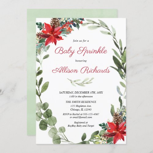 Christmas baby sprinkle red poinsettia greenery invitation