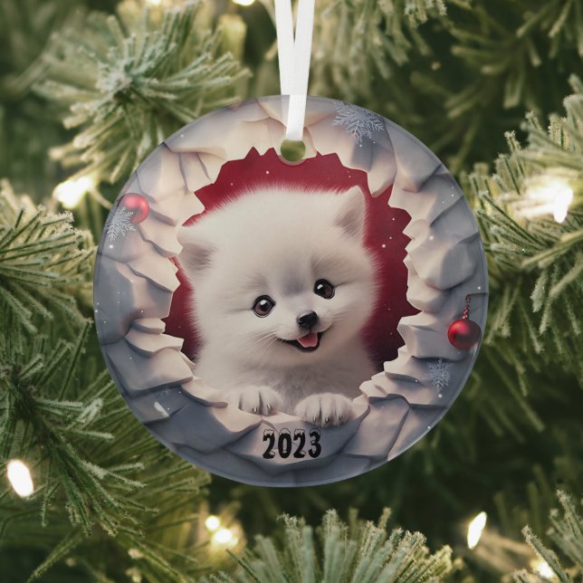 Christmas Baby White Fox Glass Ornament (Insitu)