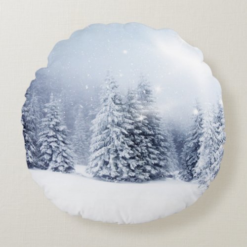 Christmas Background With Snowy Fir Trees 2 Round Pillow