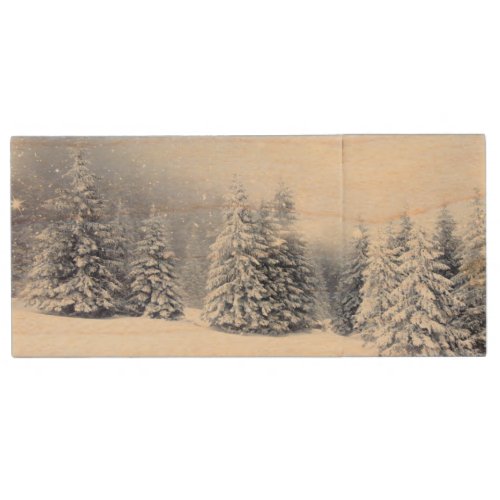 Christmas Background With Snowy Fir Trees 2 Wood Flash Drive