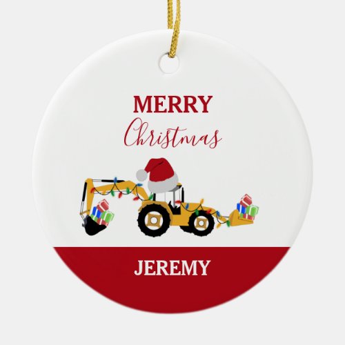 Christmas Backhoe Construction Truck Custom   Ceramic Ornament