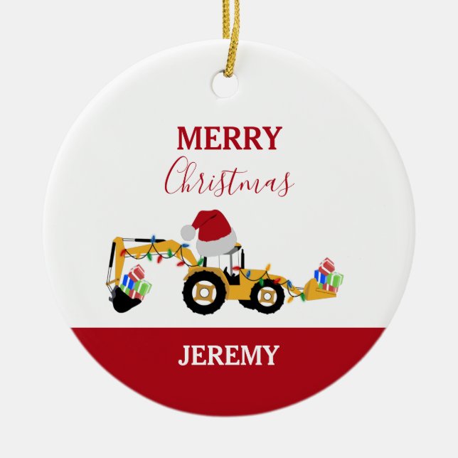 Christmas Backhoe Construction Truck Custom   Ceramic Ornament (Front)