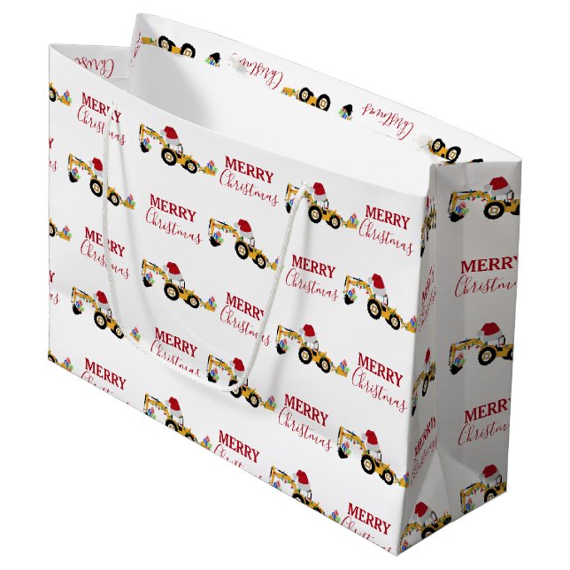 Christmas Backhoe Construction Truck  Large Gift Bag (Front Angled)