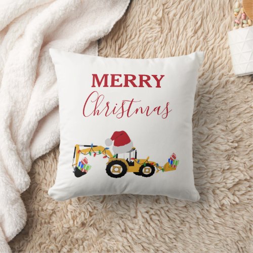 Christmas Backhoe Construction Truck Throw Pillow