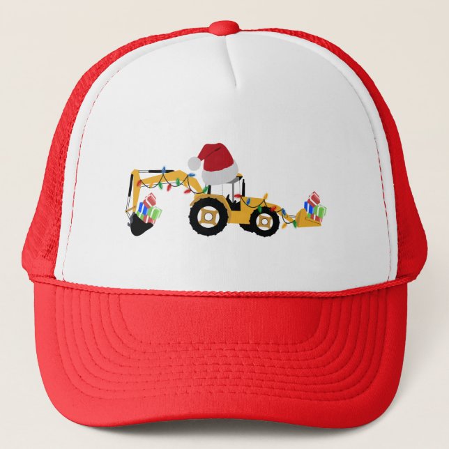 Christmas Backhoe Construction Truck Trucker Hat (Front)