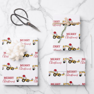 Christmas Backhoe Construction Truck Wrapping Paper Sheets