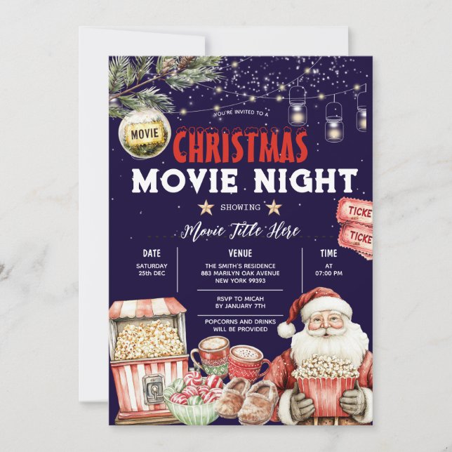 Christmas Backyard Movie Night Popcorn Santa Party Invitation (Front)