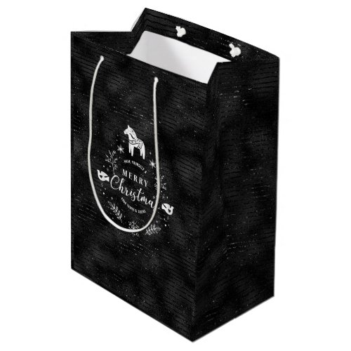 Christmas Badge Black  glitter stripes pattern Medium Gift Bag