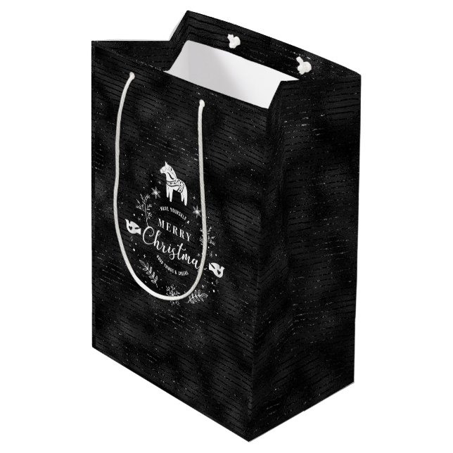 Christmas Badge Black & glitter stripes pattern Medium Gift Bag (Back Angled)