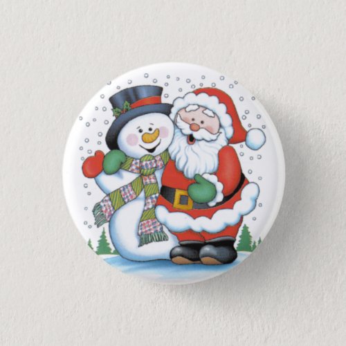 Christmas badge Santa and Snowman hugging Button