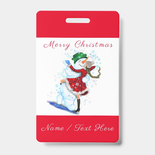 Christmas Badge Snowman and Girl Dance - Your Name (Front)