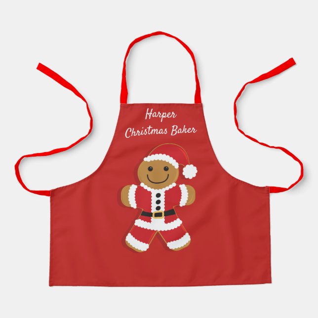Christmas Baker Name Red Santa Gingerbread Man Apron (Front)