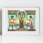 Christmas Bakery Watercolor Poster<br><div class="desc">This print features an original vintage inspired watercolor print of a quaint, Christmas bakery full of all of your favorite treats and sweets! The Dash Away Bakery is all decorated for the Christmas holiday and have displayed their most festive baked goods for window shoppers to admire. Stop in for cake,...</div>