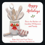 Christmas Baking From Kitchen of Baker Food Cook Square Sticker<br><div class="desc">For Christmas baking or food gifts with Happy Holidays, holly and red bow. Features a crock with wooden spoons, whisk, utensils and a red striped kitchen towel. Just personalize with your name as needed. Options, delete the wording, from the kitchen of, if it's not home baked. Any wording can be...</div>