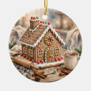 Christmas Baking Gift Gingerbread House Watercolor Ceramic Ornament