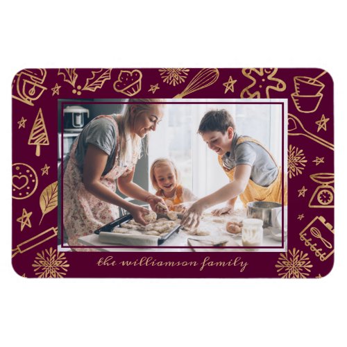 Christmas Baking Gold  Burgundy Family Photo Magnet
