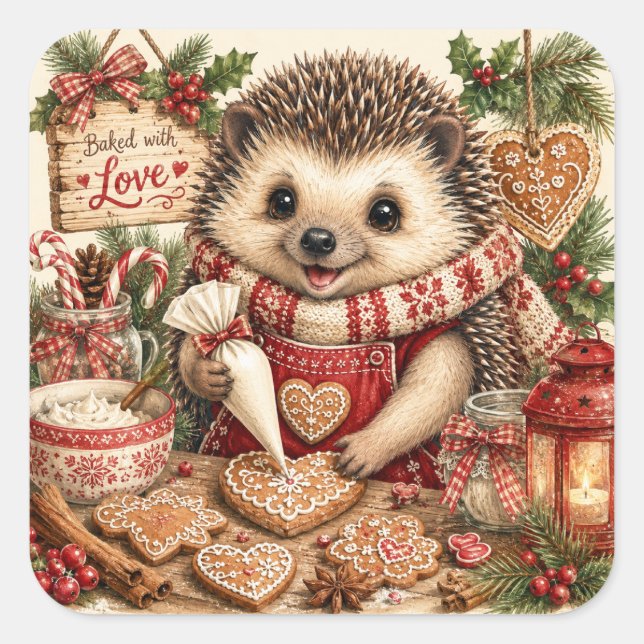 Christmas Baking Hedgehog Square Sticker (Front)