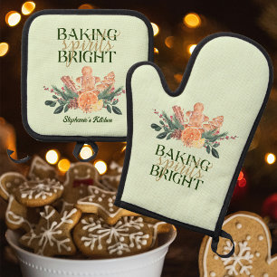 Christmas Baking Spirits Bright Gingerbread Green Oven Mitt & Pot Holder Set