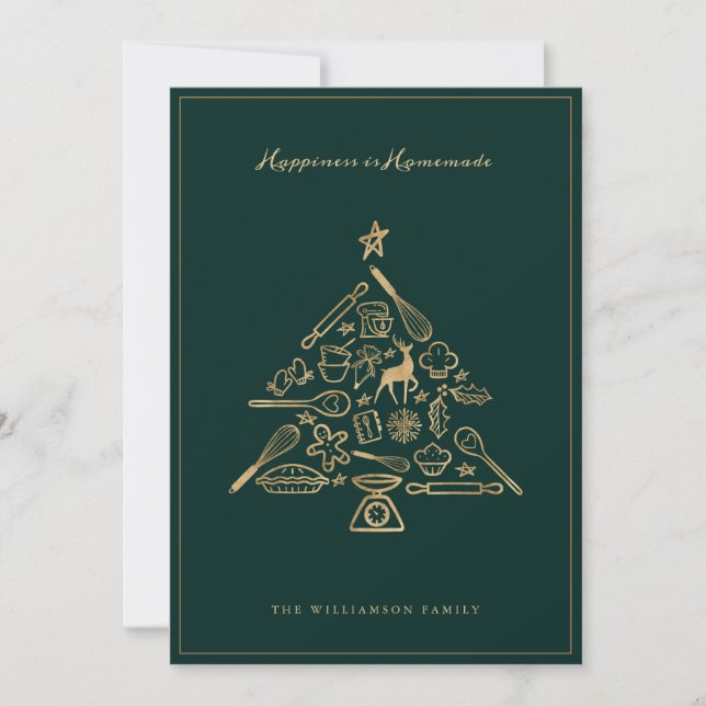 Christmas Baking Tree Gold & Green Family Recipe Holiday Card (Front)