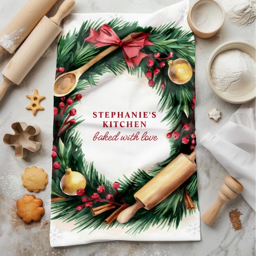 Christmas Baking Wreath Personalized Holiday Kitchen Towel