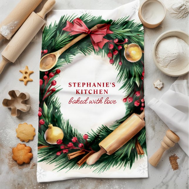Christmas Baking Wreath Rolling Pin Cinnamon Kitchen Towel (Creator Uploaded)