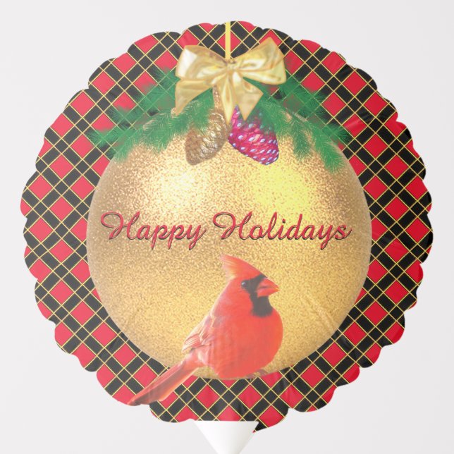 Christmas ball & bird on black & red checkered balloon (Front)