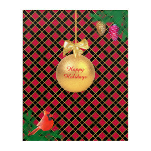Christmas ball, bird, pine cones on Black & Red Acrylic Print