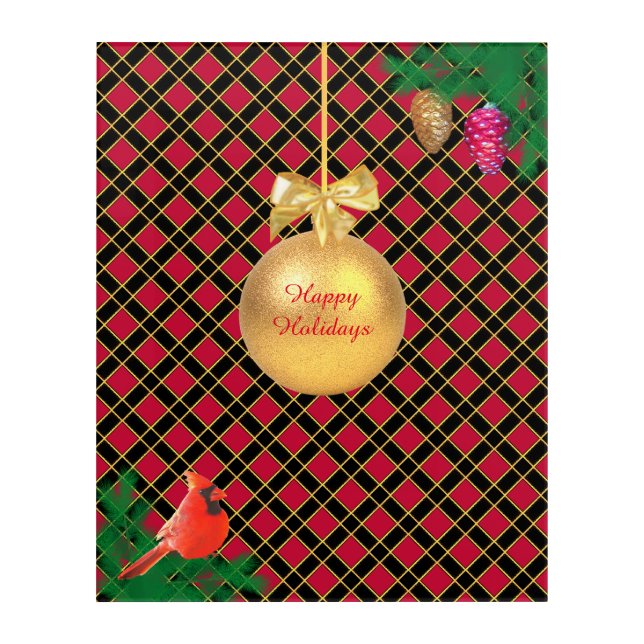 Christmas ball, bird, pine cones on Black & Red Acrylic Print (Front)