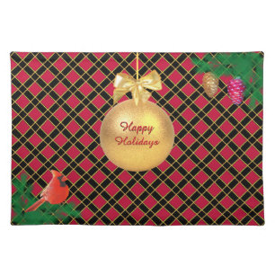 Christmas ball, bird, pine cones on Black & Red Cloth Placemat