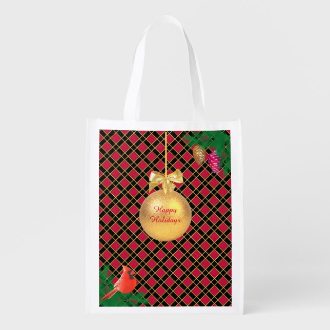 Christmas ball, bird, pine cones on Black & Red Grocery Bag (Front)