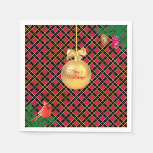 Christmas ball, bird, pine cones on Black & Red Napkins