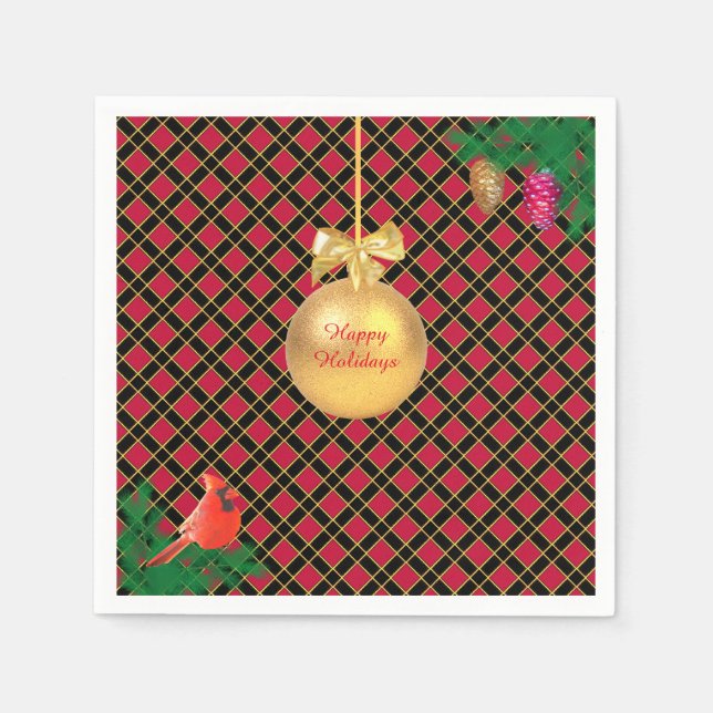 Christmas ball, bird, pine cones on Black & Red Napkins (Front)