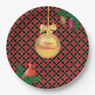 Christmas ball, bird, pine cones on Black & Red Paper Plates