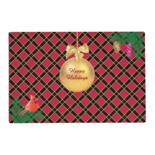 Christmas ball bird pine cones on Black  Red Placemat