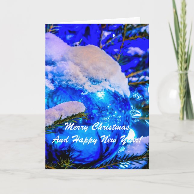 Christmas Ball Blue Snow Holiday Card (Front)