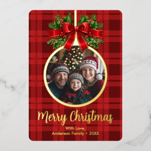 Christmas Ball Ornament Holly Berries Photo Plaid Foil Holiday Card