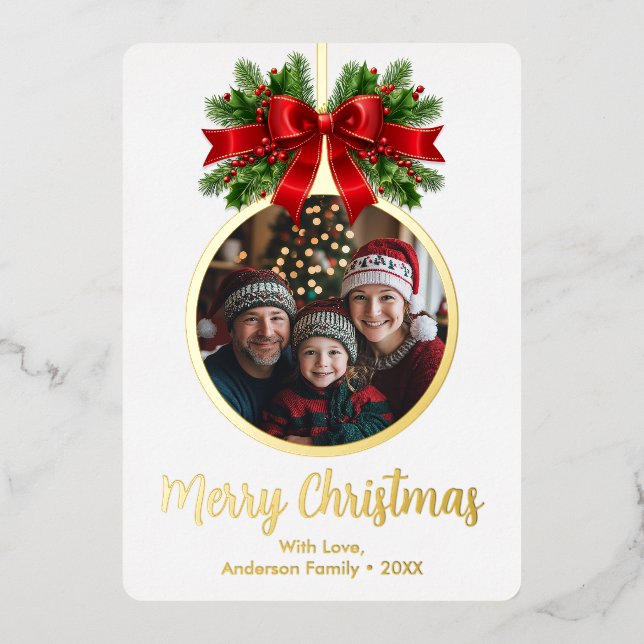Christmas Ball Ornament Holly Berries Photo Plaid Foil Holiday Card (Front)