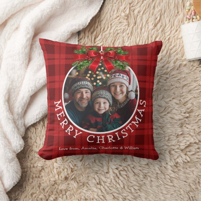 Christmas Ball Ornament Photo Red Buffalo Plaid Throw Pillow (Blanket)