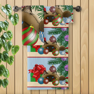 Christmas Ball Ornament Siamese Cat Funny Bath Towel Set