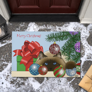 Christmas Ball Ornament Siamese Cat Funny Doormat