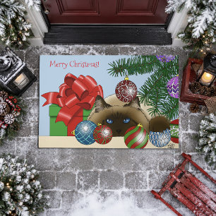 Christmas Ball Ornament Siamese Cat Funny Doormat