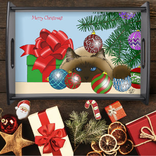 Christmas Ball Ornament Siamese Cat Funny Serving Tray