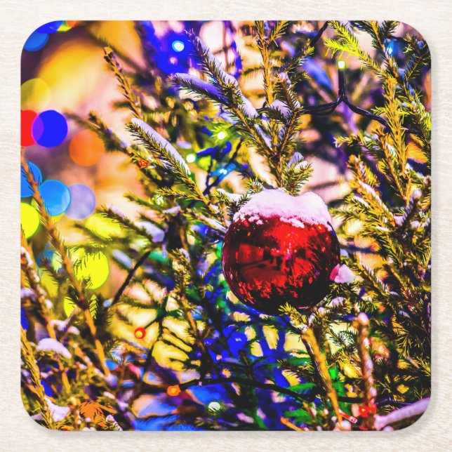 Christmas Ball Red Square Paper Coaster (Front)