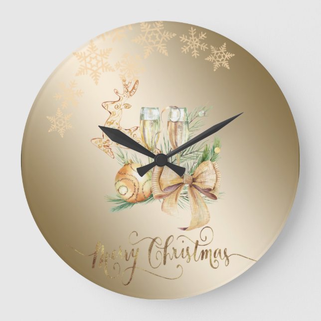 Christmas Ball,Reindeer,Wine Glass,Snowflakes Large Clock (Front)