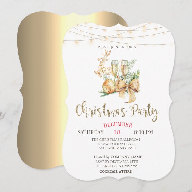 Christmas Ball,Wine Glass,Lights Gold Christmas Invitation (Front/Back)