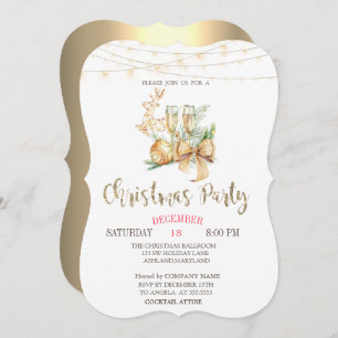 Christmas Ball,Wine Glass,Lights Gold Christmas Invitation