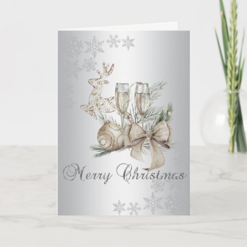  Christmas BallWine GlassReindeerBow Silver Holiday Card