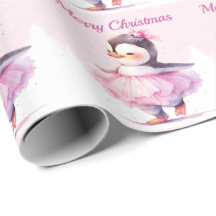 Christmas Ballerina Penguin Pink Wrapping Paper