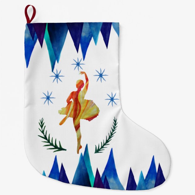 Christmas Ballerina Watercolor Art Large Christmas Stocking (Front)