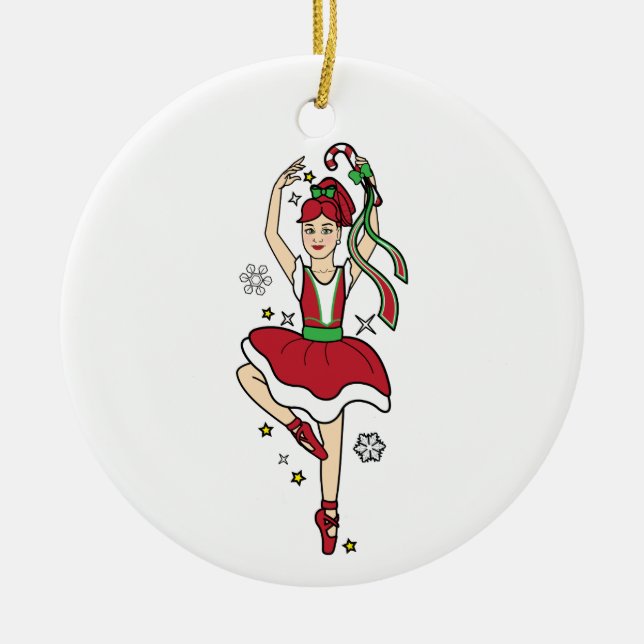 Christmas Ballerina with Candy Cane Ceramic Ornament (Front)